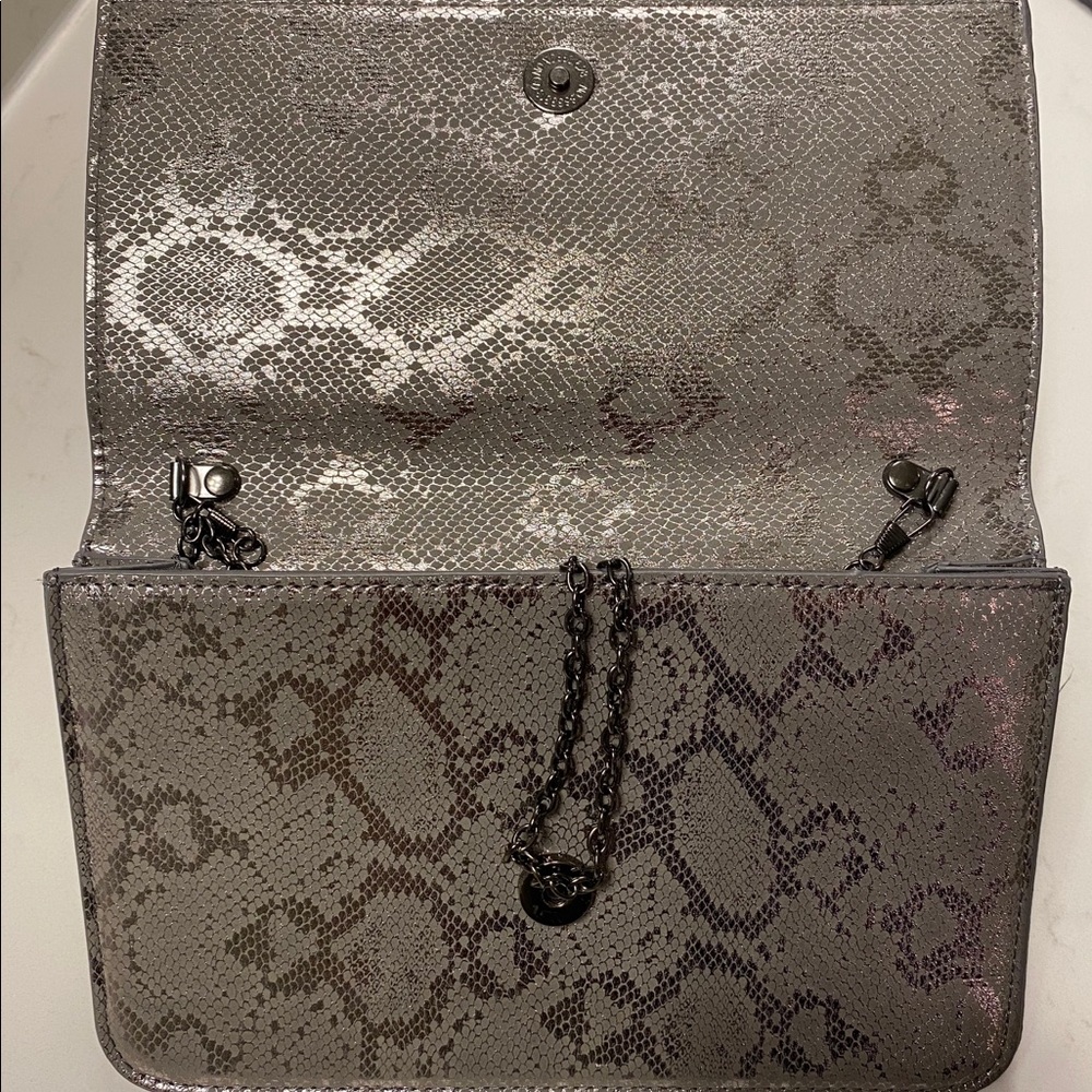 Grey snakeskin purse with metal chain